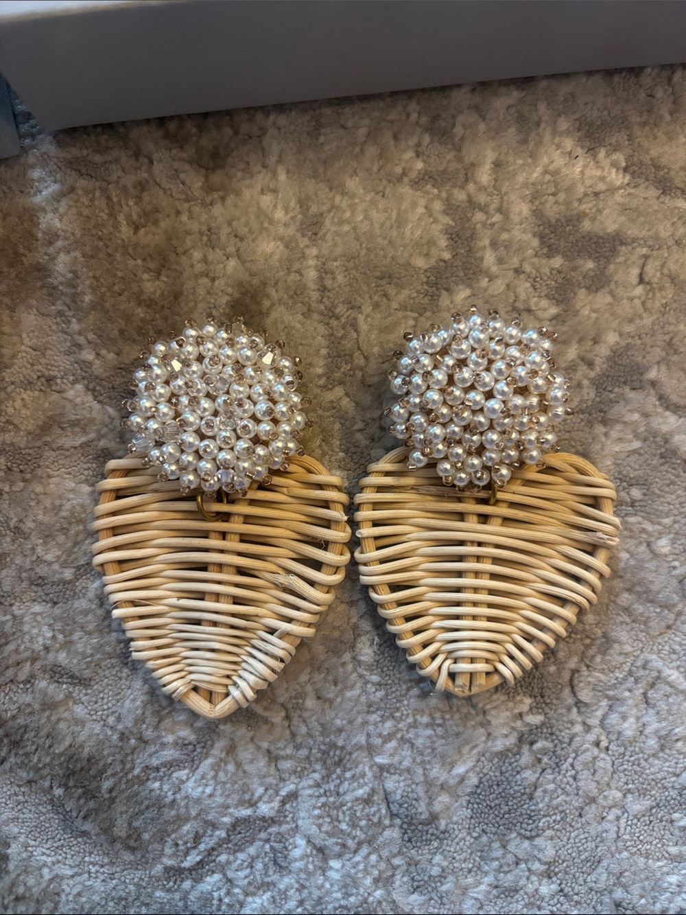 Pearl Cluster & Natural Woven Heart Drop Earrings